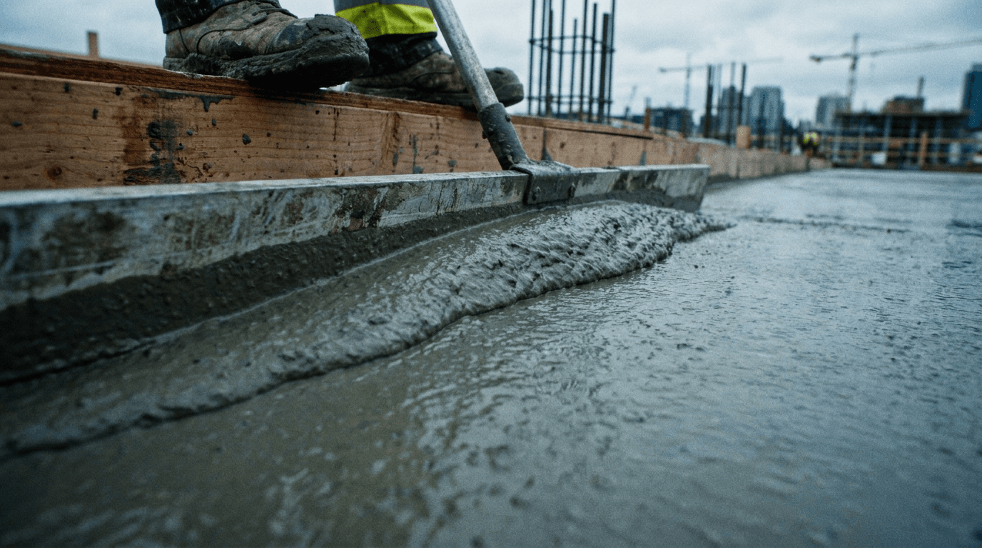 A crew screeding a fresh deck flat to tolerance against the skyline.
