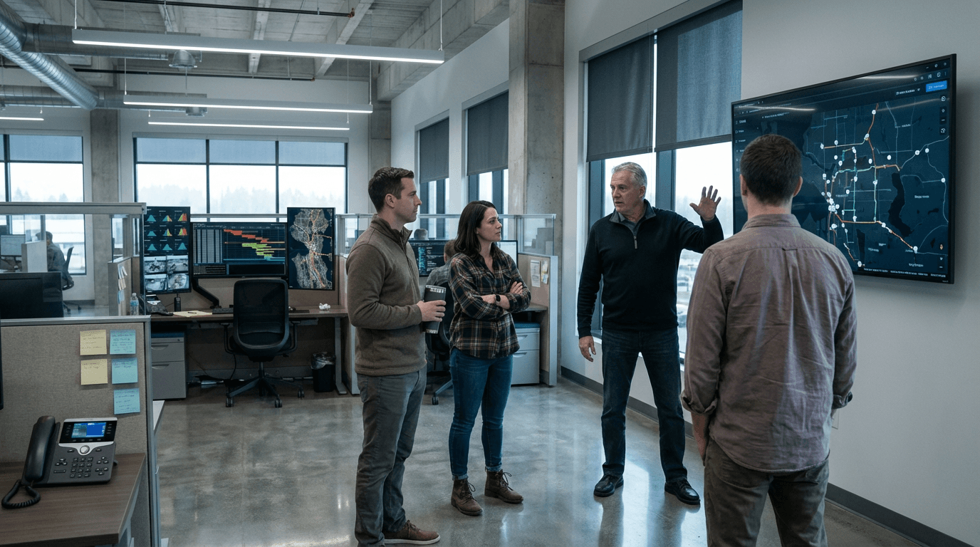 Control room with the founding team's operating context — a decisive moment for the industry.