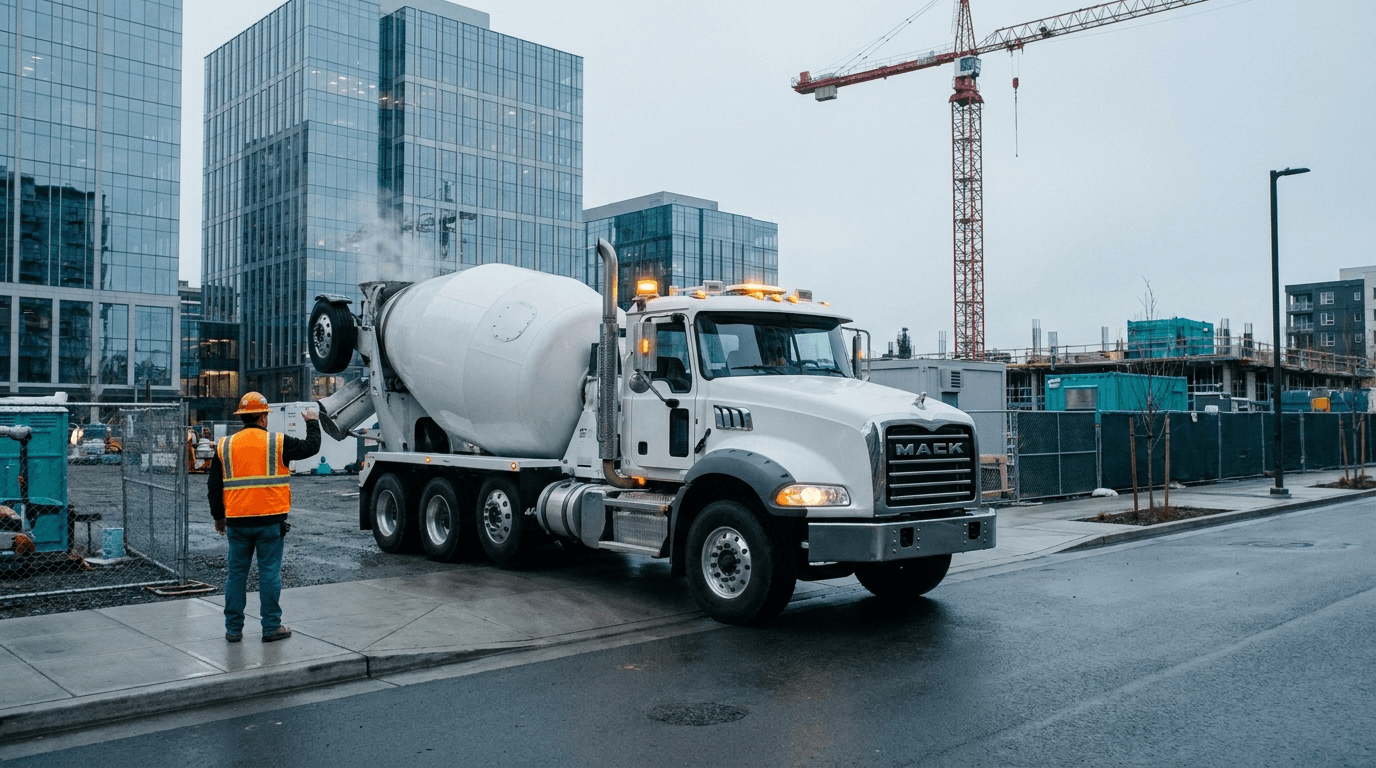 A mixer truck delivering at an urban high-rise site — the operational advantage, built on the cloud investment already made.